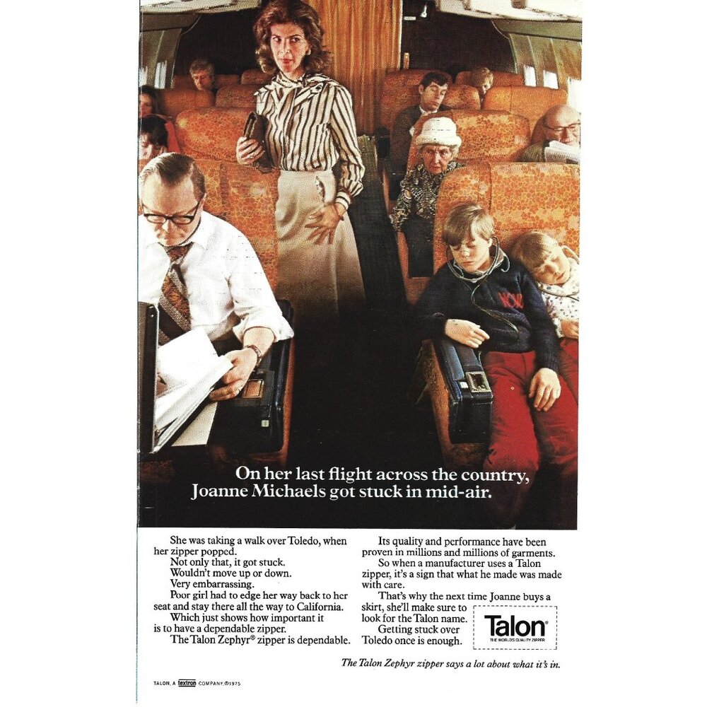 Cabin of Airline Vintage Fashion Zipper 1970s Vintage Print Ad 9 inch
